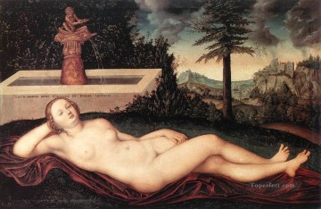  Reclinada Pintura - Ninfa del río reclinada en la fuente Lucas Cranach el Viejo desnudo